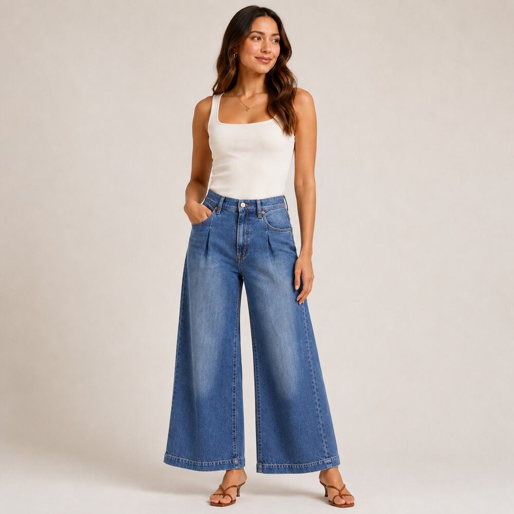 GAP Denim High Rise Pleated Wide Leg Trouser Jean Size 28